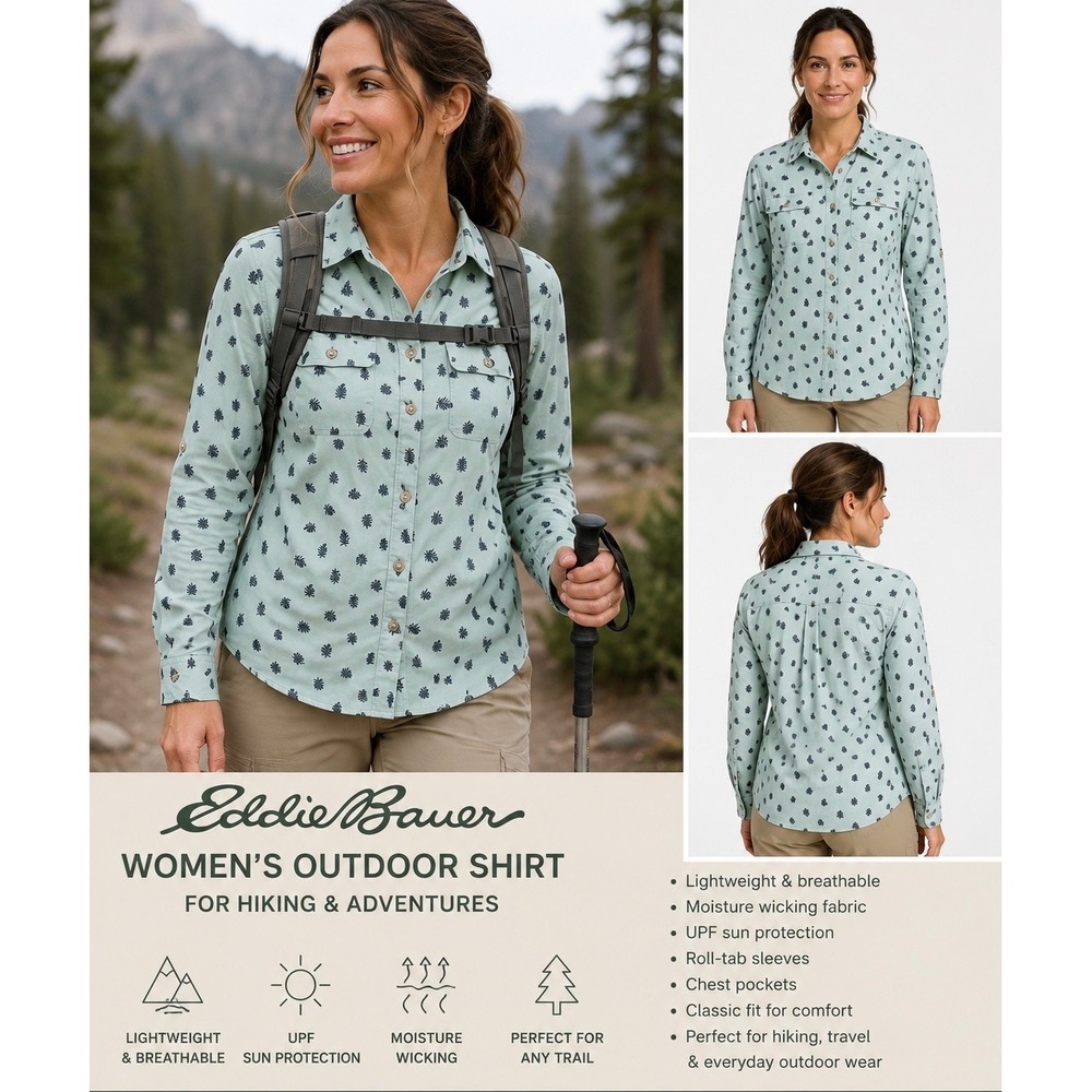 Eddie Bauer Large Outdoor Shirt‎ Mint Green UPF Hiking Roll Tab Sleeve Pockets